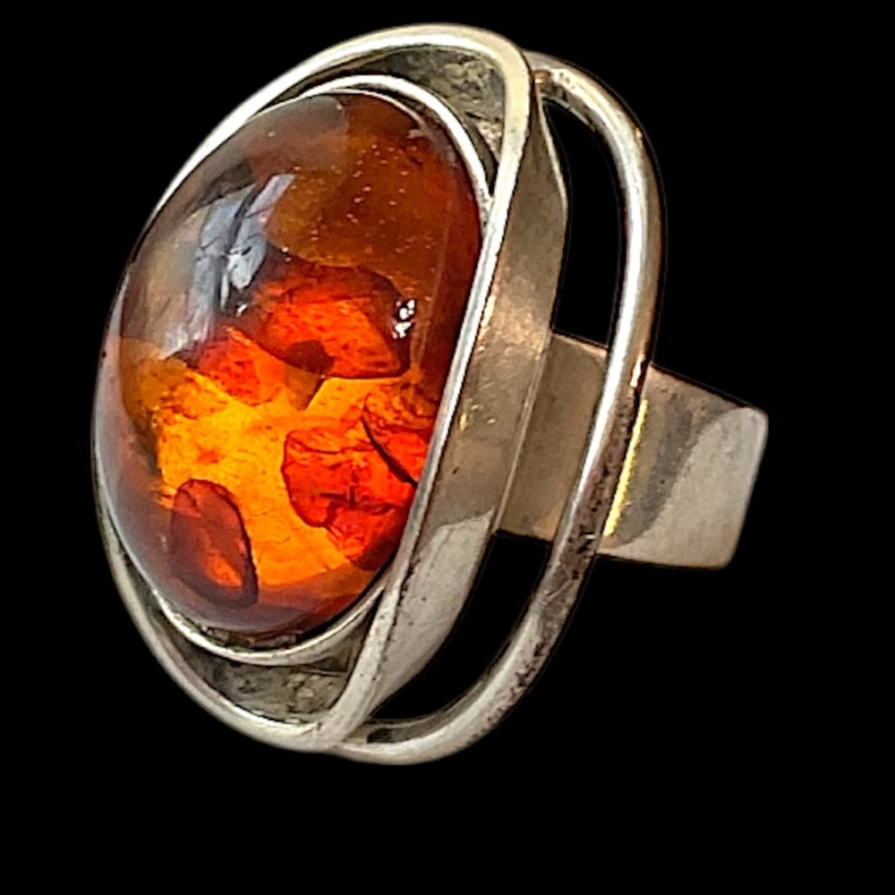 Vintage 835 Silver Baltic Amber Adjustable Brutalist Ring